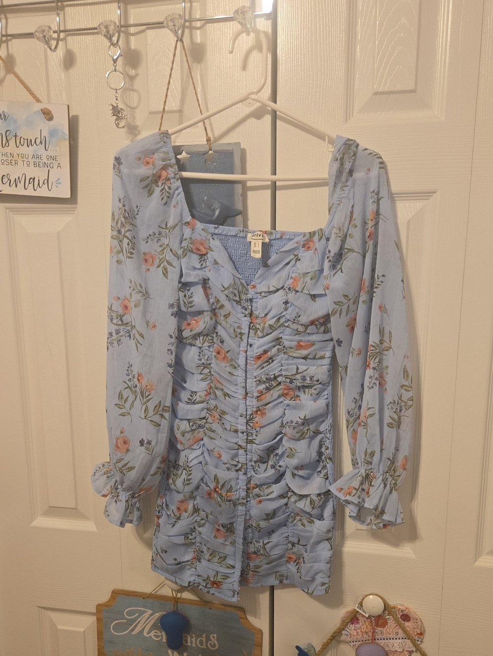 privy Light Blue Floral Ruched Mini Dress